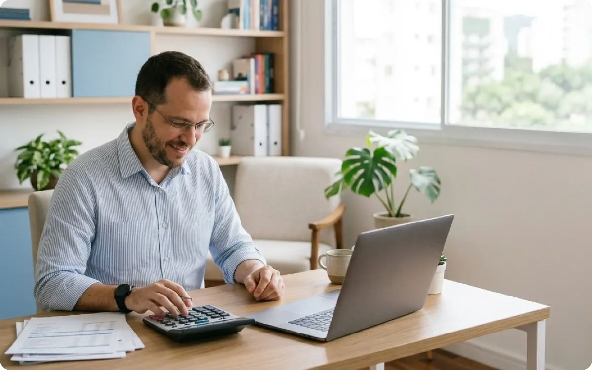 Consultor sorridente usando uma calculadora ao lado do notebook, conferindo valores de comissão