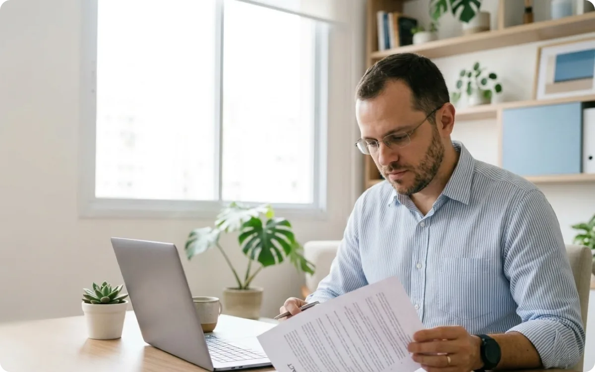 Consultor analisando um documento de contrato ao lado do notebook